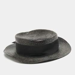 Saint Laurent Paris Black Canotier Lacquered Straw Boater Hat S