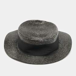 Saint Laurent Paris Black Canotier Lacquered Straw Boater Hat S