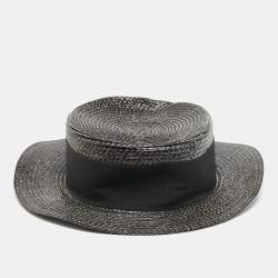 Saint Laurent Paris Black Canotier Lacquered Straw Boater Hat S
