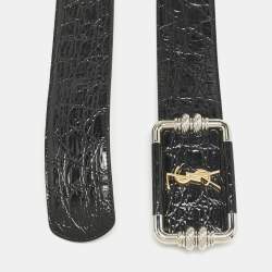 Saint Laurent Black Croc Embossed Patent Leather Logo Square Buckle Belt 70CM