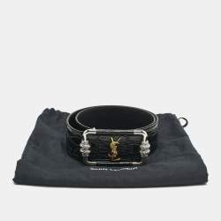 Saint Laurent Black Croc Embossed Patent Leather Logo Square Buckle Belt 70CM