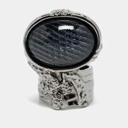 Pre Owned Saint Laurent Paris Arty Glass Cabachon Gunmetal Tone Ring Size 55