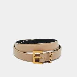 Pre Owned Saint Laurent Beige Leather Cassandre Slim Belt 80 CM