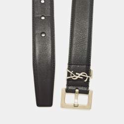 Pre Owned Saint Laurent Black Leather Cassandre Buckle Belt 70CM