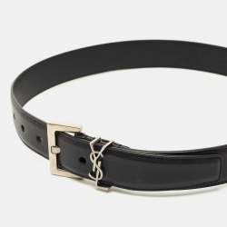 Pre Owned Saint Laurent Black Leather Cassandre Buckle Belt 70CM