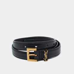 Pre Owned Saint Laurent Black Leather Cassandre Slim Belt 70 CM