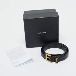 Pre Owned Saint Laurent Black Leather Cassandre Slim Belt 70 CM