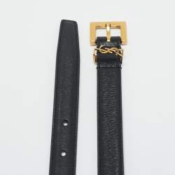 Pre Owned Saint Laurent Black Leather Cassandre Slim Belt 70 CM