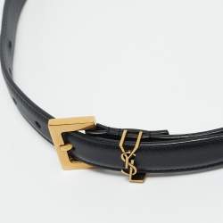 Pre Owned Saint Laurent Black Leather Cassandre Slim Belt 70 CM