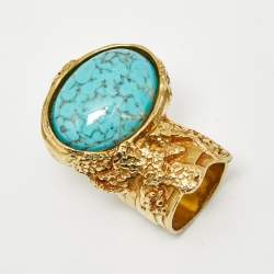Pre Owned Saint Laurent Arty Glass Gold Tone Ring Size 53