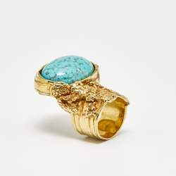 Pre Owned Saint Laurent Arty Glass Gold Tone Ring Size 53
