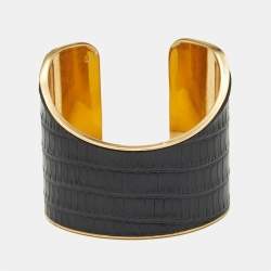 Pre Owned Saint Laurent  Black Leather Gold Tone Bracelet