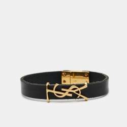 Pre Owned Saint Laurent Opyum Black Leather Gold Tone Bracelet