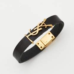 Pre Owned Saint Laurent Opyum Black Leather Gold Tone Bracelet