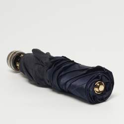 Pre Owned مظلة قابلة للطي سان لوران شعار مقلم أزرق بحري معدن ونيلون