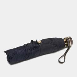 Pre Owned مظلة قابلة للطي سان لوران شعار مقلم أزرق بحري معدن ونيلون