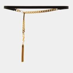 Pre Owned حزام سلسلة حرف واحد سان لوران جلد أسود بشراشيب