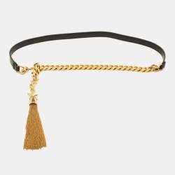 Pre Owned حزام سلسلة حرف واحد سان لوران جلد أسود بشراشيب