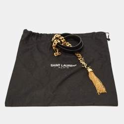 Pre Owned حزام سلسلة حرف واحد سان لوران جلد أسود بشراشيب