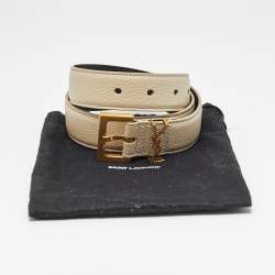 Pre Owned Saint Laurent Cassandre Square Buckle 70CM Belt Beige Leather