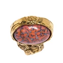 Pre Owned Saint Laurent Paris Arty Coral Glass Cabochon Gold Tone Ring Size 52