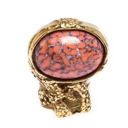 Pre Owned Saint Laurent Paris Arty Coral Glass Cabochon Gold Tone Ring Size 52