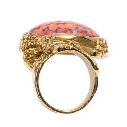 Pre Owned Saint Laurent Paris Arty Coral Glass Cabochon Gold Tone Ring Size 52