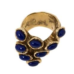 مملوكة مسبقًا Yves Saint Laurent Arty Dots Blue Cabochon Gold Tone Ring Size 54.5