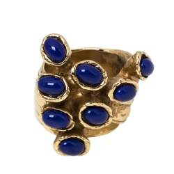 مملوكة مسبقًا Yves Saint Laurent Arty Dots Blue Cabochon Gold Tone Ring Size 54.5