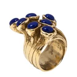 مملوكة مسبقًا Yves Saint Laurent Arty Dots Blue Cabochon Gold Tone Ring Size 54.5