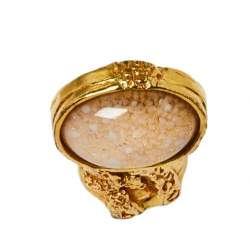 Pre Owned Yves Saint Laurent Arty Glass Cabochon Gold Tone Cocktail Ring Size 6