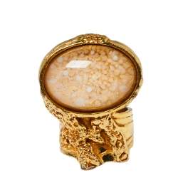 Pre Owned Yves Saint Laurent Arty Glass Cabochon Gold Tone Cocktail Ring Size 6