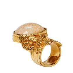 Pre Owned Yves Saint Laurent Arty Glass Cabochon Gold Tone Cocktail Ring Size 6