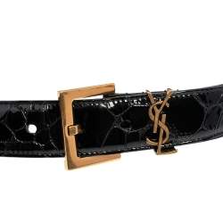 Pre Owned Saint Laurent Black Croc Embossed Patent Leather Monogram Square Buckle Belt 80 CM