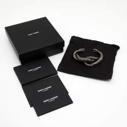Pre Owned Saint Laurent Twisted Interlocking Cuff Silver Tone Metal Bracelet
