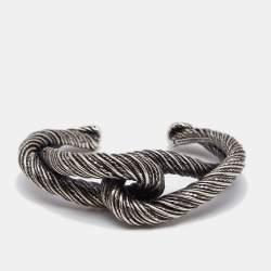 Pre Owned Saint Laurent Twisted Interlocking Cuff Silver Tone Metal Bracelet