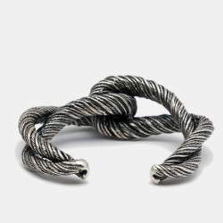 Pre Owned Saint Laurent Twisted Interlocking Cuff Silver Tone Metal Bracelet