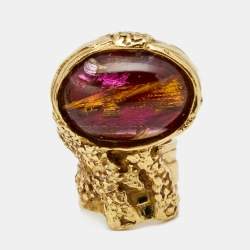 Pre Owned Yves Saint Laurent Multi Color Glass Cabochon Arty Gold Tone Ring Size 53