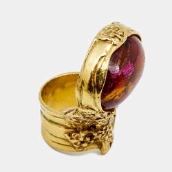 Pre Owned Yves Saint Laurent Multi Color Glass Cabochon Arty Gold Tone Ring Size 53