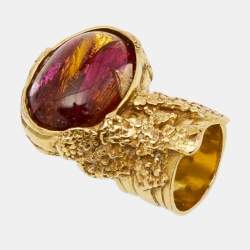 Pre Owned Yves Saint Laurent Multi Color Glass Cabochon Arty Gold Tone Ring Size 53