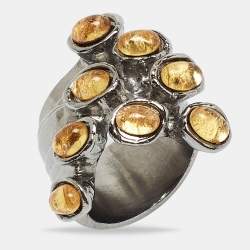 Pre Owned Saint Laurent Paris Arty Dots Glass Gunmetal Tone Ring Size 53