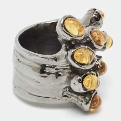 Pre Owned Saint Laurent Paris Arty Dots Glass Gunmetal Tone Ring Size 53