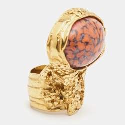 Saint Laurent Arty Glass Cabachon Gold Tone Ring Size 54
