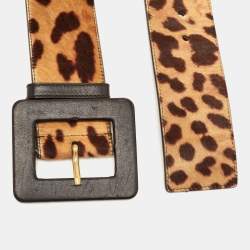 Saint Laurent Brown Leopard Print Calfhair and Leather Wide Buckle Belt 80CM