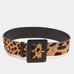 Saint Laurent Brown Leopard Print Calfhair and Leather Wide Buckle Belt 80CM