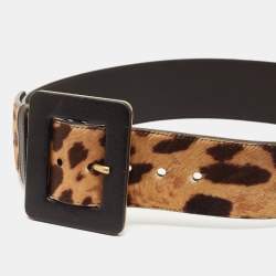 Saint Laurent Brown Leopard Print Calfhair and Leather Wide Buckle Belt 80CM