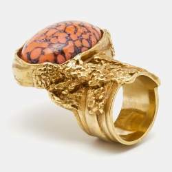 Saint Laurent Arty Coral Glass Cabochon Gold Tone Ring Size 50.5