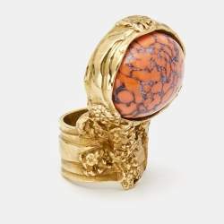 Saint Laurent Arty Coral Glass Cabochon Gold Tone Ring Size 50.5