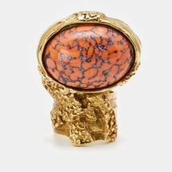 Saint Laurent Arty Coral Glass Cabochon Gold Tone Ring Size 50.5