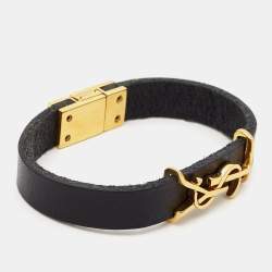 Pre Owned Saint Laurent Opyum Black Leather Gold Tone Bracelet